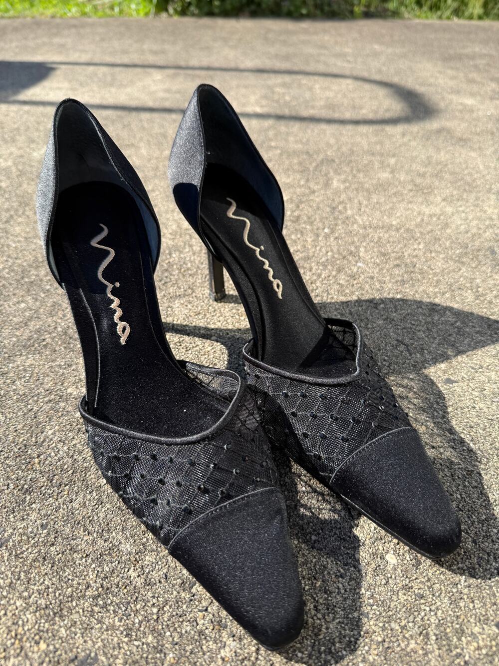 Nina Black D'Orsay Embellished Satin Mesh Pointed-Toe Pump Heels Sz 8.5